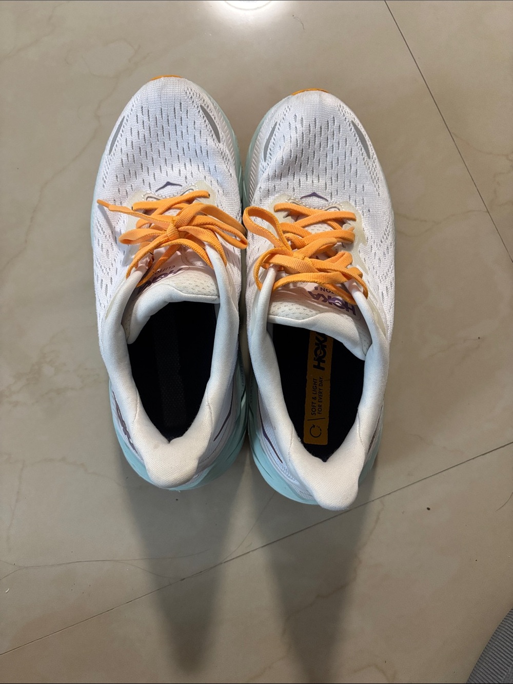Hoka Women's White Running Shoes with Mint Midsole and Orange Laces - Picture 2 of 5